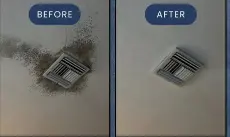 Ceiling vent before-and-after shows mold cleanup results Gainesville FL with dark staining removed around the vent.