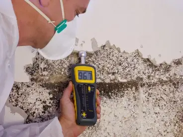 Technician using moisture meter to check mold growth on wall during inspection