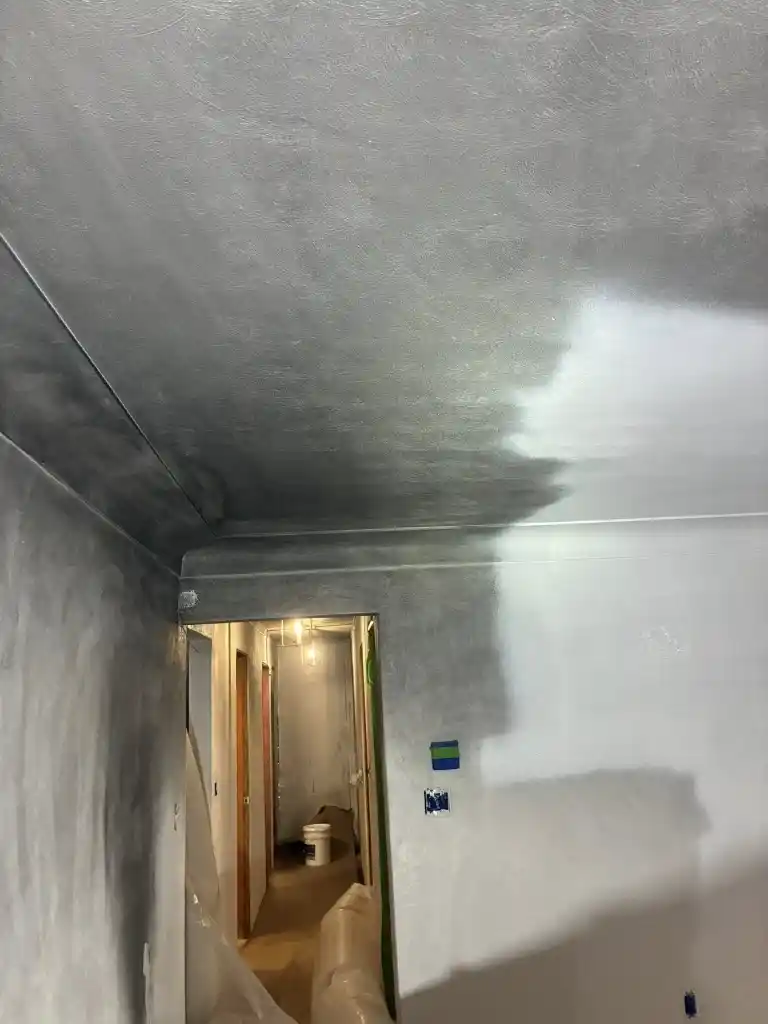 Severe water damage on ceiling showing dark stains from delayed cleanup and moisture spread