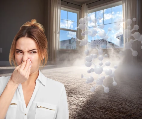 Homeowner covering nose due to musty mold odor in a Gainesville FL home with visible airborne mold particles