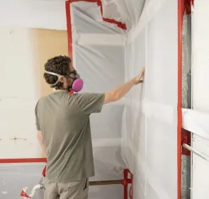 Man wearing a respirator mask installing plastic sheeting dust barrier on a wall with red tape for home renovation.
